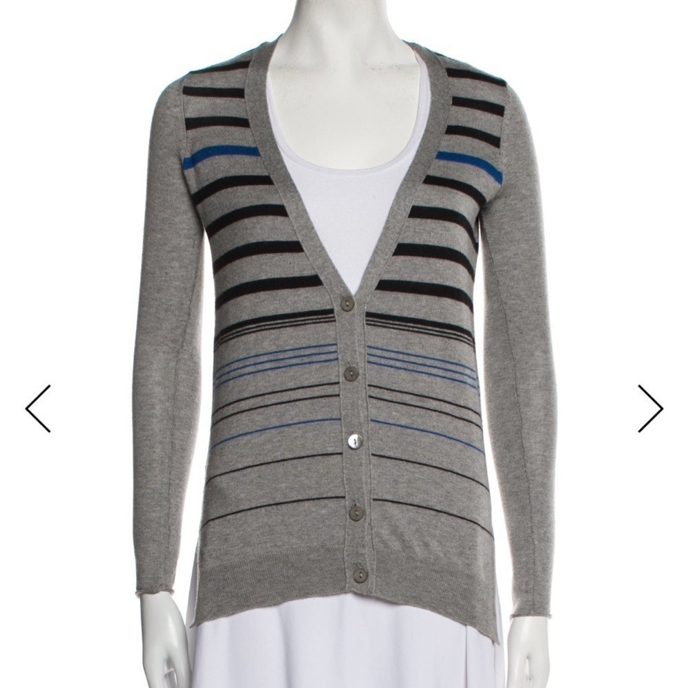 BARNEYS NEW YORK Lightweight Gray Striped Silk Blend Button-Up Cardigan, Small